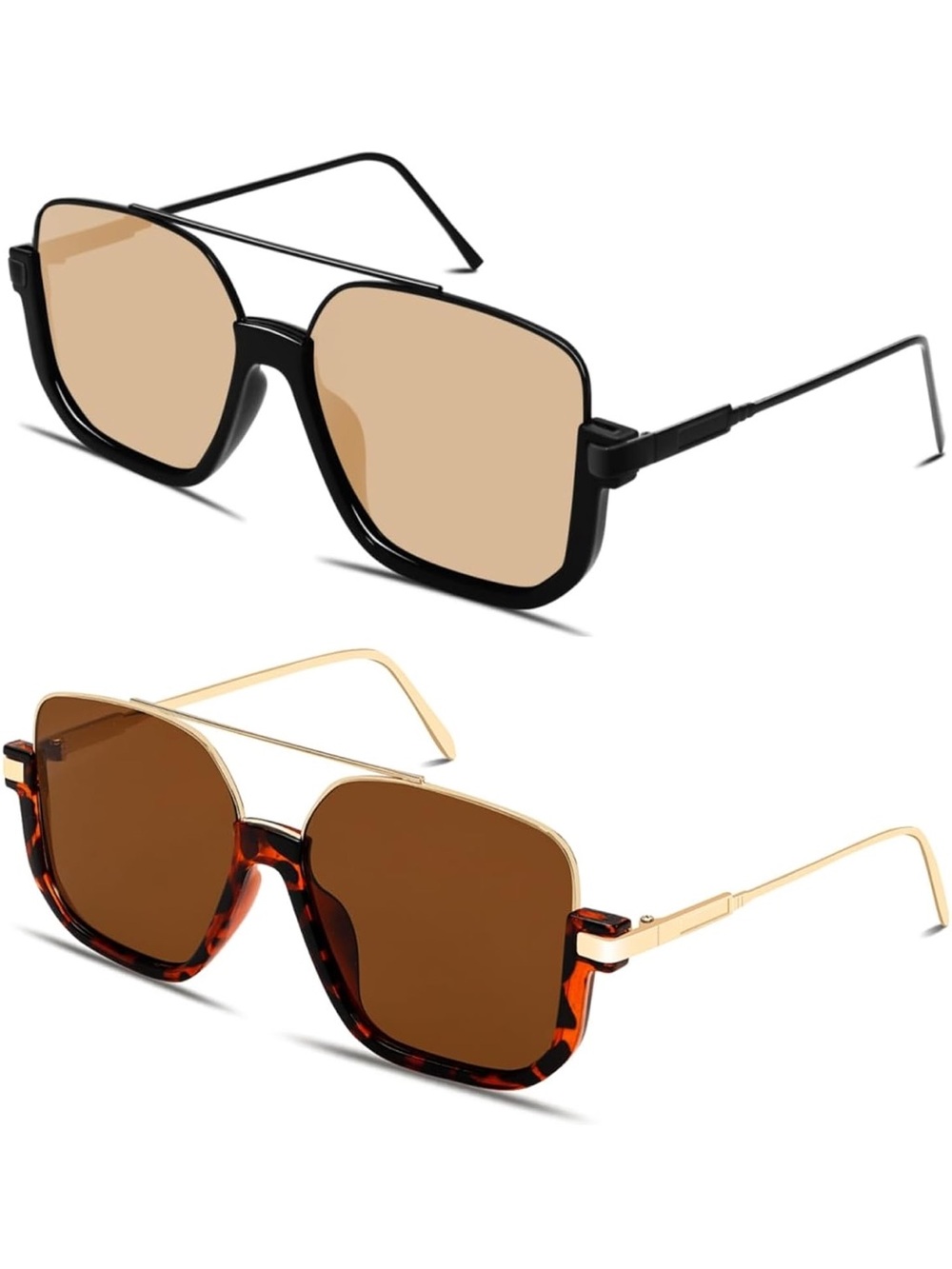Square Aviator Sunglasses in Black and Tortoise with Brown Lenses